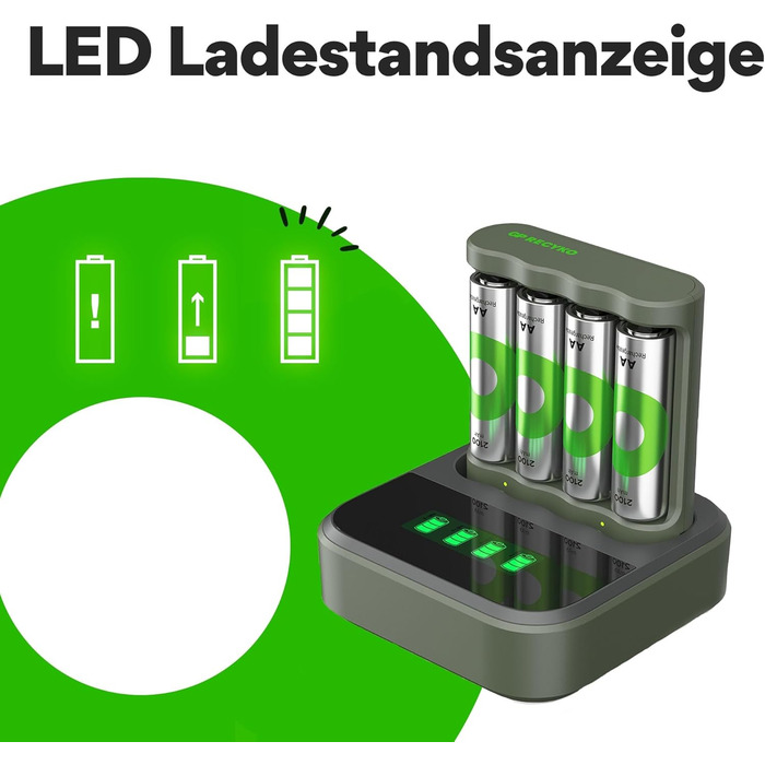 Зарядний пристрій GP ReCyko USB B441, включаючи 4 батареї ReCyko AA 2100 мАг та USB-док-станцію, зарядний пристрій для батарей AA AAA зі світлодіодними індикаторами