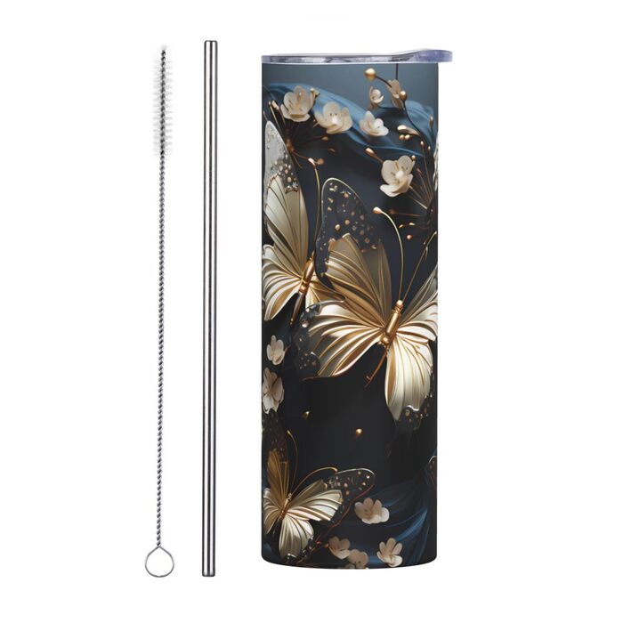 Кухоль з прямою трубочкою, 590 мл, золотистого кольору, білі метелики, чорний, з принтом, дорожній кухоль, підходить для кемпінгу, офісу та дому