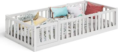 Ліжко Bellabino Tapi 90x200 см, дитяче ліжко з поручнями та дверцятами, включаючи рейкову основу, підлогове ліжко Монтессорі для хлопчиків та дівчаток з масиву сосни, біле лаковане, Ліжко 90 x 200 см Біле - з дверцятами