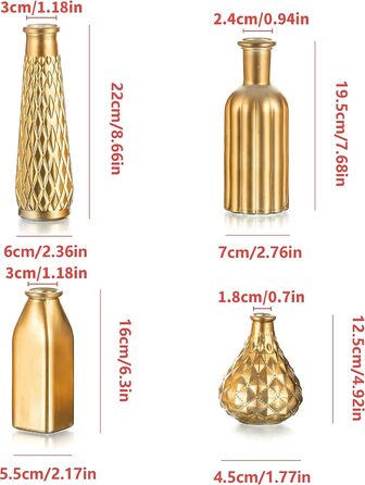 Позолочена скляна ваза Золоті вази Маленька ваза набір з 4, сучасні міні-скляні вази весільні прикраси Розкішна ваза для квітів для прикраси столу, художні креативні ідеї подарунків 22см 4 шт. золото