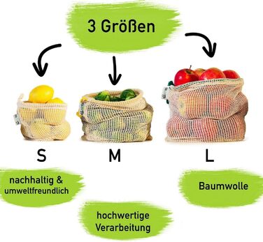 Багаторазові пакети для овочів EcoYou з органічної бавовни набір з 3 шт. (S,M,L) з індикацією ваги Zero Waste сітка для фруктів та овочів для покупок без пластику Стійкі сітки для покупок сезонний календар