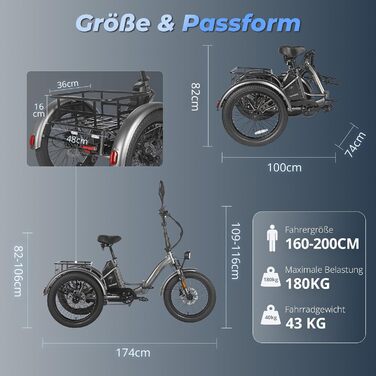 Електричний триколісний велосипед Fafrees F20 Mate для дорослих, складний електровелосипед 20 * 3,0 дюйма, 3-колісний вантажний електровелосипед 48 В 65 Нм, старший електровелосипед з гідравлічними гальмами, вантажопідйомність 180 кг, сірий, акумулятор 21