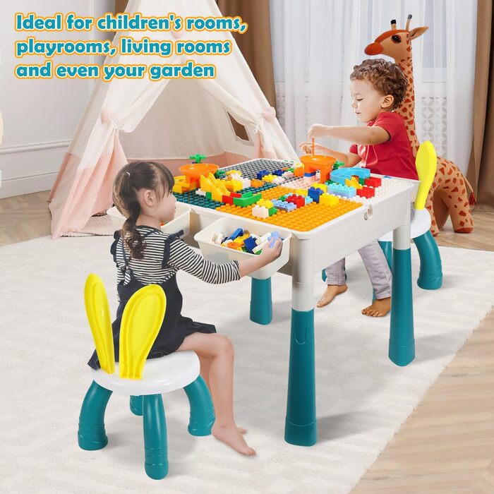 Дитячий стіл з 2 стільцями, ігровий стіл з 251 будівельним блоком, багатофункціональний ігровий стіл з регульованою висотою, набір будівельних блоків