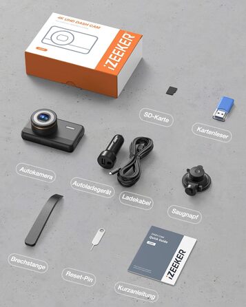 Відеореєстратор передній, 2160P автомобільна камера з картою пам'яті 32GB, нічний відеореєстратор з циклічним записом, G-сенсорне