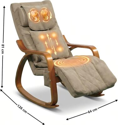 Масажне крісло-гойдалка, крісло-реклайнер, крісло для телевізора з 3-зонним масажем, масажне крісло з функцією підігріву, регульований підголівник та підставка для ніг, знімний чохол, вантажопідйомність 150 кг, світло-коричневий колір