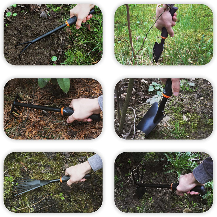 Набір садових інструментів 6 в 1 DE LUXE зі сталі 2 лопатки для квітів (6 см та 8 см), маленький грабель, комбінована сапка (подвійна сапка), культиватор, віяловий грабель (маленький віник) Компактний набір садових інструментів, 6 предметів