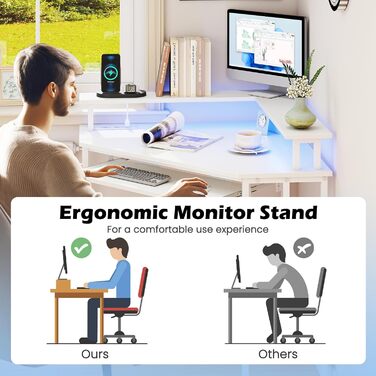 Комп&39ютерний стіл FANTASK L-подібної форми зі світлодіодним підсвічуванням, кутовий стіл з підставкою для клавіатури та монітора, компактний стіл для дому та офісу (білий)