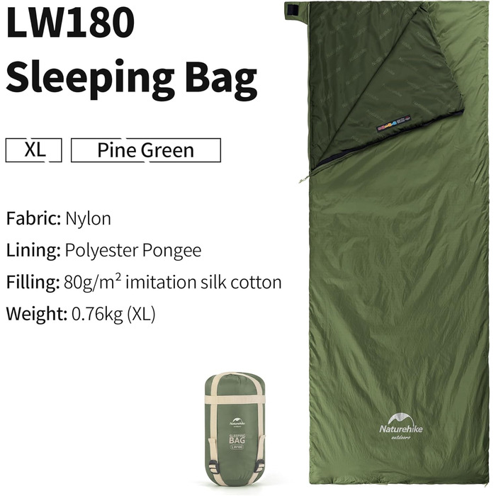 Міні-спальний мішок Naturehike Ultralight, малий, 760 г, 3-сезонний, 205 x 85 см, для піших прогулянок, походів, кемпінгу при температурі приблизно 15C, армійський зелений - XL