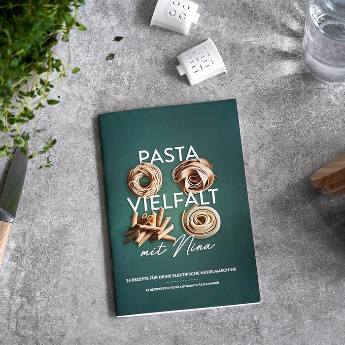 Електрична макаронна машина Nina, повністю автоматична, макаронниця з функцією зважування, включаючи 7 макаронних вставок, буклет з рецептами