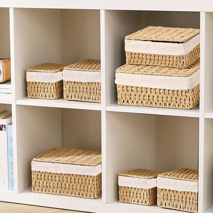 Набір із 3 кошиків для зберігання з кришками плетені кошики з паперової мотузки, 3 розміри, з підкладкою, кошики в стилі бохо для ванної кімнати, іграшок, вітальні та спальні.