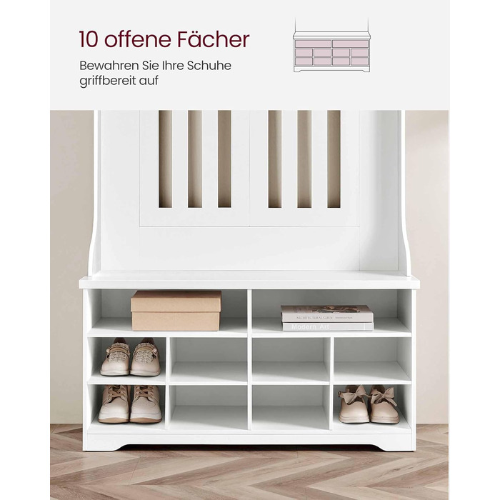 Вішалка для верхнього одягу VASAGLE з лавкою для взуття, шафа, місце для зберігання взуття, 5 потрійних гачків, окремостояча, компактна, для вхідної зони, коридору, регульовані полиці, хмарно-білий HSR404T10