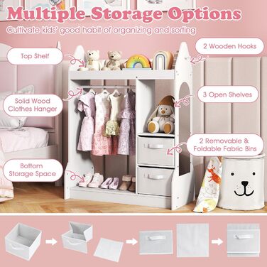 Дитяча шафа FANTASK з тканинними шухлядами, 81 x 38 x 107 см, Дитяча шафа з дзеркалом та вішалкою для одягу, Дерев&39яна вішалка для одягу для дитячих кімнат (біла)