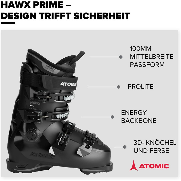 Лижні черевики ATOMIC HAWX Prime 90, чорний/антрацит розмір 42/43 середня ширина (100 мм), жорсткість 90, технологія Mimic для ідеальної посадки