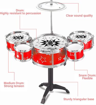 Дитяча барабанна установка, Міні дитяча барабанна установка з 5 барабанами та 1 тарілкою, Дитяча барабанна установка 3-5, Дитяча барабанна установка з трикутною основою, Музичний інструмент для раннього розвитку Барабанна іграшка (червона)