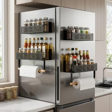 Набір магнітних підставок для спецій, 4 предмети (2 великі 2 маленькі) - Зі штангою для кухонного паперу, надзвичайно сильним магнітом, не потребує свердління - Універсальний органайзер для спецій для холодильника, кухні та стіни