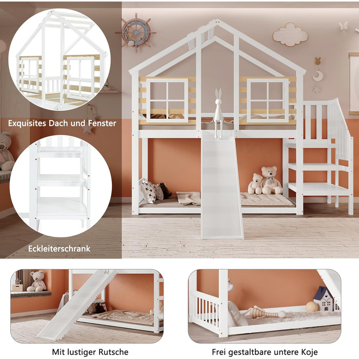 Дитяче двоярусне ліжко 90x200, ліжко-горище, дерев&39яне ліжко-будиночок зі сходами та гіркою, каркас ліжка із захистом від падіння та поручнями, ліжко з рейковою основою, каркас ліжка з масиву дерева, без матраца, білий колір