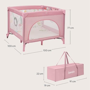 Дитячий манеж та дорожнє ліжечко LIONELO Mille Plus 2-в-1 100x100 см з матрацом та 3D-чохлом для немовлят, вагою до 15 кг (0-36 місяців), бічний вхід на блискавці, 2 колеса з гальмами, складний, сумка для перенесення рожевого кольору