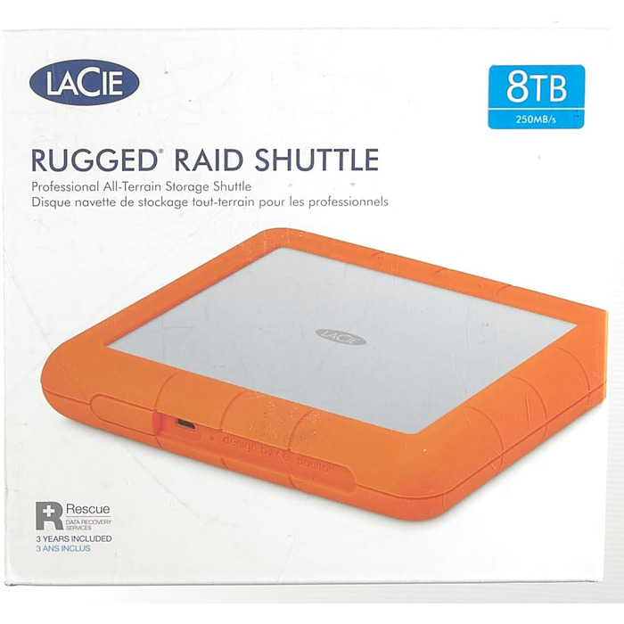 Зовнішній жорсткий диск LaCie Rugged Raid Shuttle 8 ТБ, портативний жорсткий диск - USB-C USB 3.0, стійкий до ударів пилу та вологи, для настільних комп'ютерів Mac/PC, ноутбуків, 1 місяць Adobe CC (STHT8000800) RAID Shuttle 8 ТБ