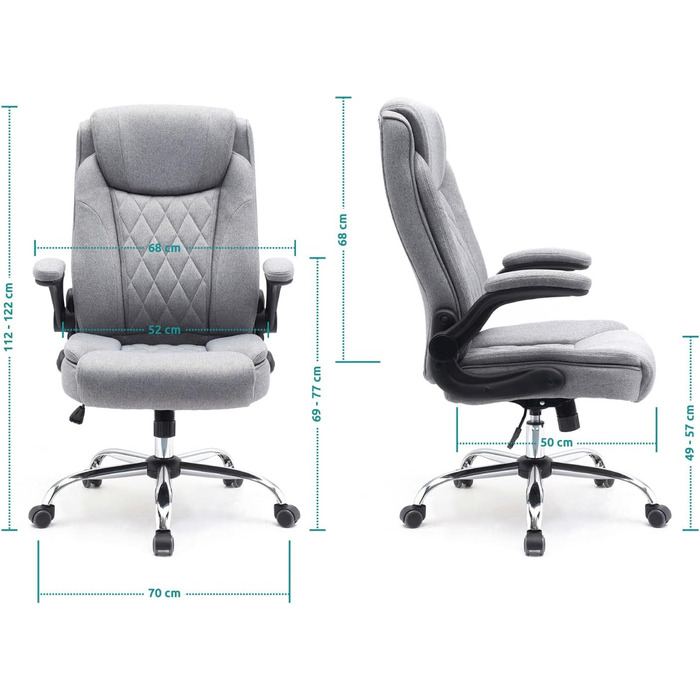 Офісний стілець з тканини Зручний, ергономічний обертовий стілець до 130 кг, зі складними підлокітниками, письмовий стілець з високою спинкою, сірий