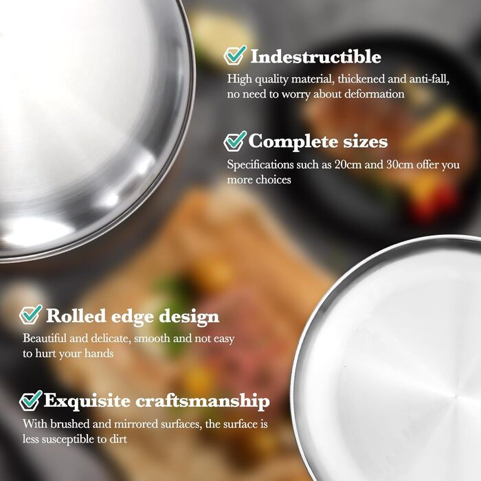 Набір з 4 сталевих тарілок, Ø20/30 см, круглий посуд з нержавіючої сталі, для барбекю, овальна страва, тарілка для мяса, тарілка для рису, сріблясті сталеві тарілки для кемпінгу, пікніка, кухні, BBQ, вечірок