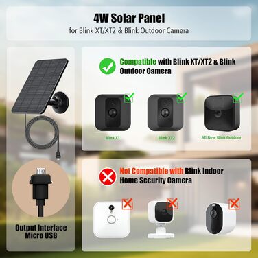 Сонячна панель для Blink Camera Outdoor, 4 Вт Blink Camera Solar Panel, сумісна з Blink Outdoor, Blink XT2/XT Camera & SimpliSafe Camera (не входить в комплект), IP65 Blink Outdoor (3-е покоління) з гумовою заглушкою (1 упаковка)