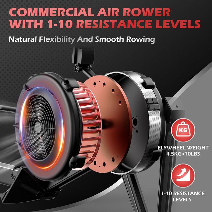 Гребний тренажер PASYOU з повітряним опором для домашнього використання, професійний гребний тренажер з 10 регульованими рівнями опору, професійний гребний тренажер для приміщень, ергономічне комфортне сидіння, із застосунком Kinomap, вантажопідйомність 1