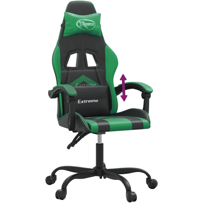 Ігрове крісло, чорне/зелене, регульоване по висоті, 57,5 x 59,5 x 121-131 см, офісне крісло зі штучної шкіри, функція відкидання, поворот на 360, металевий каркас, 57,5 x 59,5 x (121-131) см (Ш x Г x В), зелене