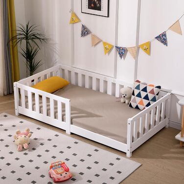 Дитяче ліжко ecomi 80x160 із захистом від падіння, Ліжко на підлогу, Дитяче ліжко з рейковою основою для дівчаток та хлопчиків, Масив сосни білого кольору, 80 x 160 см, Білий