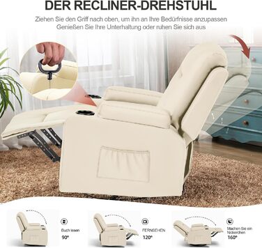 Крісло для телевізора LUCKRACER з розкладним підйомником з функцією відкидання та підставкою для ніг, поворотне на 360 крісло для телевізора для вітальні, крісло-гойдалка з підставками для чашок та бічною кишенею, штучна шкіра, білий поліуретан