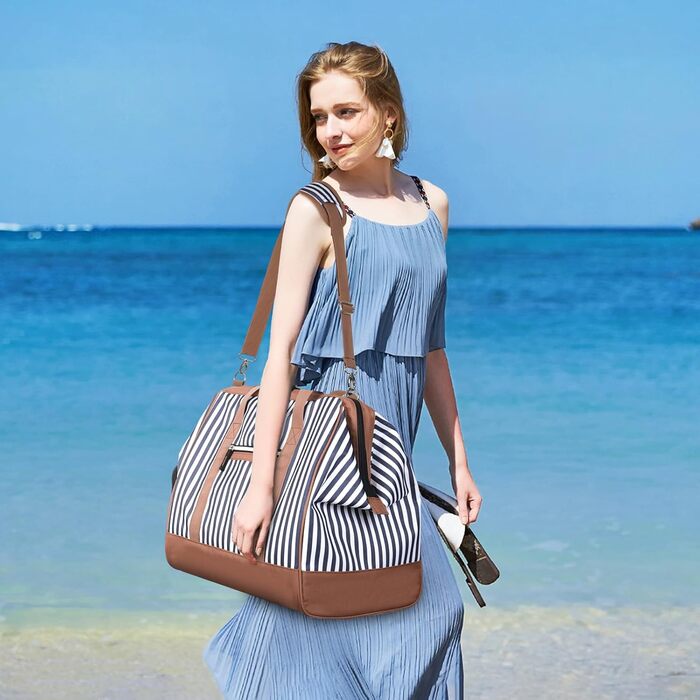 Жіноча дорожня сумка Lekesky, середня сумка для вихідних з відділенням для взуття, дизайн з широким отвором, лікарняна сумка об&39ємом 43 л для пологів, подорожей, авіаперельотів, роботи, пляжу або відпочинку (синя смужка) 43 л синя смужка