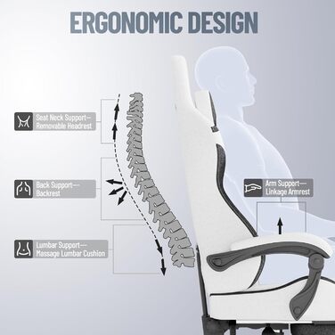 Геймерське крісло з поперековою опорою, ергономічне офісне крісло, регульована спинка, потовщена подушка, міцне ігрове крісло, висувна підставка для ніг, комп&39ютерне крісло з підлокітниками, поворот на 360, біле, 68 см x 68 см x 117 см, сірий