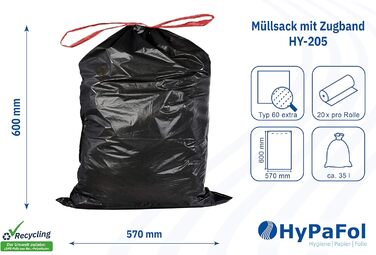 Сміттєві пакети Hypafol Тип 60 зі шнурком, 35 л Пакети для сміття для дому, саду та промисловості Надзвичайно міцні та стійкі до розривів Чорні надміцні сміттєві пакети з високоякісного матеріалу 200 шт. (10 рулонів) 35 літрів