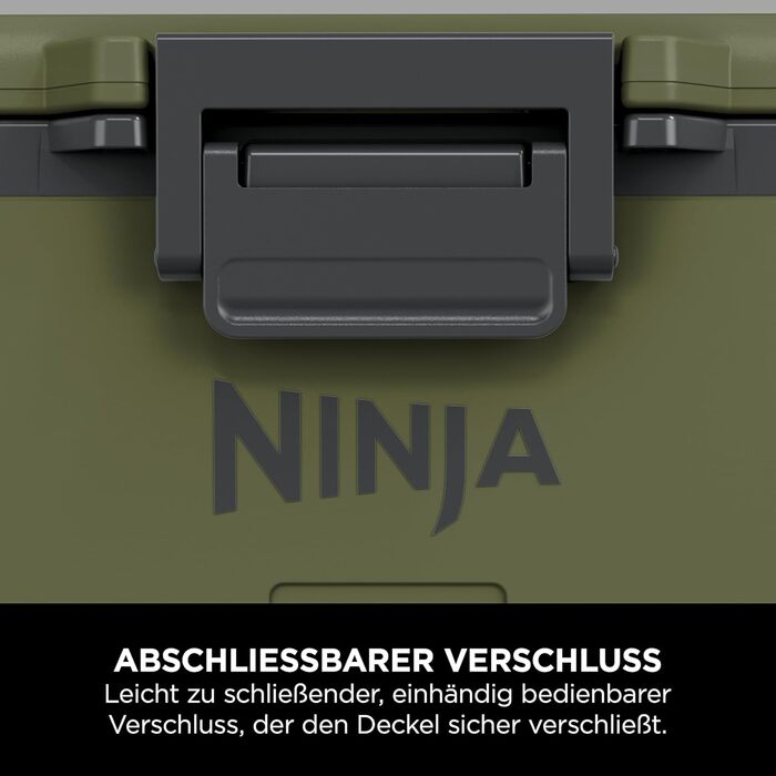 Холодильник Ninja FrostVault з колесами та ізоляцією, з пляшкою Ninja Thirti та пакетом з льодом, вбудованою шухлядою сухої зони для зберігання за температури холодильника, оливково-зелений, FB245AMZEUUKGN 42 л зелений