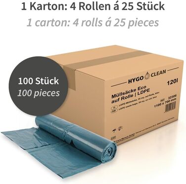Сміттєві пакети Franz Mensch HygoClean Eco, 120 л, сині, 100 шт. LDPE, у рулоні, сміттєві пакети, довжина 110 см x ширина 70 см, сміттєвий пакет на 120 літрів, надзвичайно міцний