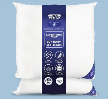 Комплект із 2 пухових подушок 3-камерні подушки 80x80 см Вага наповнювача 1600 грамів Чохол зі 100 бавовни Пухова подушка 80x80 Пухова подушка Не вищипує живих істот Білий