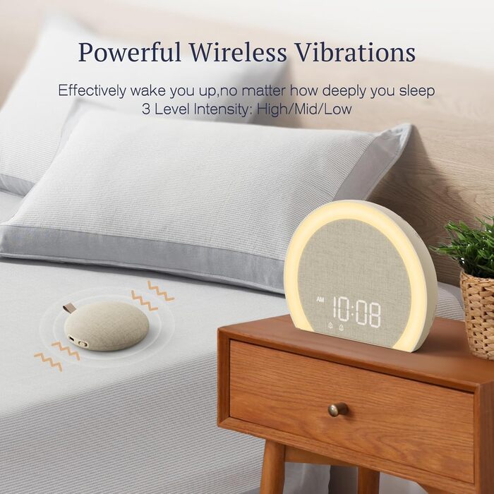 Надгучний будильник з бездротовою вібрацією, світлом та вібрацією для тих, хто глибоко спить, та підлітків, 9-кольоровий нічник, подвійний будильник, 8 звуків будильника, регулювання яскравості від 0 до 100, цифровий будильник для дітей