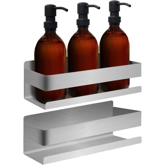 Полиця для душу Joejis з нержавіючої сталі - самоклеюча, без свердління - кутова полиця у ванну кімнату - тримач для душу, полиця для зберігання шампуню та засобів для душу - чорний/срібний (полірована нержавіюча сталь)
