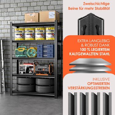 Міцний металевий стелаж 183x90x40 см з 5 регульованими металевими полицями Стелаж для зберігання в підвалі та майстерні Вантажопідйомність до 1000 кг Чорний 183 x 90 x 40 см