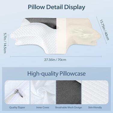 Ортопедична подушка для шиї HOMCA з піни з ефектом пам&39яті для шийного відділу хребта, ергономічна подушка для сну на спині, боці та животі, чорна, 70 x 40 x 8,5/14 см