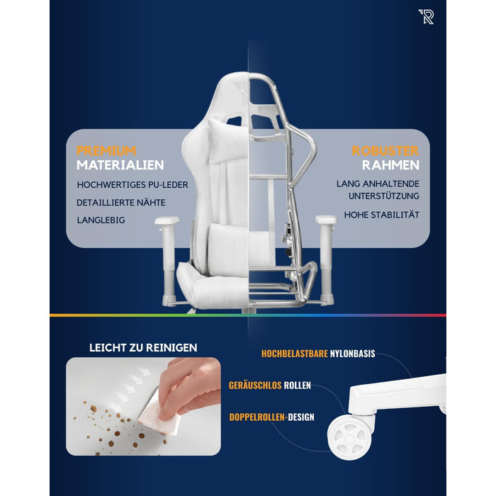 Ергономічне ігрове крісло Felix Original з регульованою спинкою, 2D підлокітниками, подушками для попереку та шиї, високою спинкою, штучною шкірою, міцною сталевою рамою, для високих людей, біло-сірим
