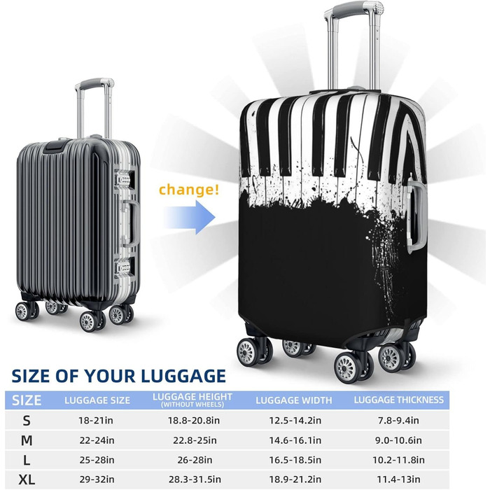 Чохол для валізи Клавiєр, міцний захист для багажу розміром 45.7-81.3 см, малий, чорний