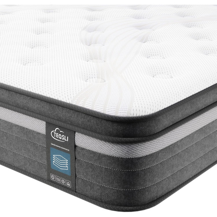 Матрац TeQsli з гелевими пружинами Pocket Spring 140x200 см, висота 25 см, жорсткість H3, ергономічний 9-зонний матрац, ортопедичний пружинний матрац з гелевою піною з ефектом пам&39яті, сертифікований Oeko-Tex та CertiPUR, 25 см, 140x200x25 см