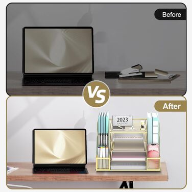 Настільний органайзер SUPEASY Grid з тримачем для файлів, 5-шаровий лоток для паперу та листів з тримачем для журналів, настільний органайзер та блок зберігання, золотистий