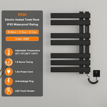 Рушникосушарка електрична, радіатор для ванної кімнати 450x720 мм електричний, матовий чорний рушникосушарка електрична, рушникосушарка зі світлодіодним дисплеєм з регулюванням часу і температури, енергозберігаюча - чорний правий