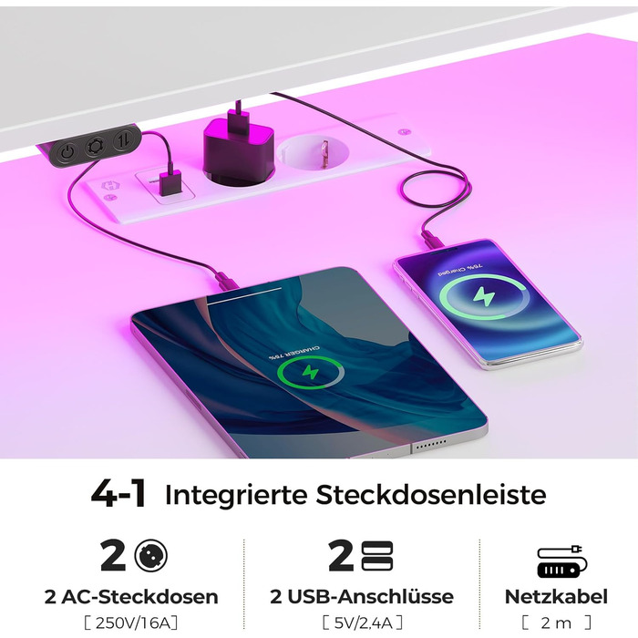 Г-подібний комп&39ютерний стіл Rolanstar з RGB-підсвічуванням та розетками, двосторонній кутовий ігровий стіл з місцем для зберігання та 2 гачками, комп&39ютерний стіл для офісу, кабінету, спальні (білий, 137 см) Білий 137 x 137 x 87 см