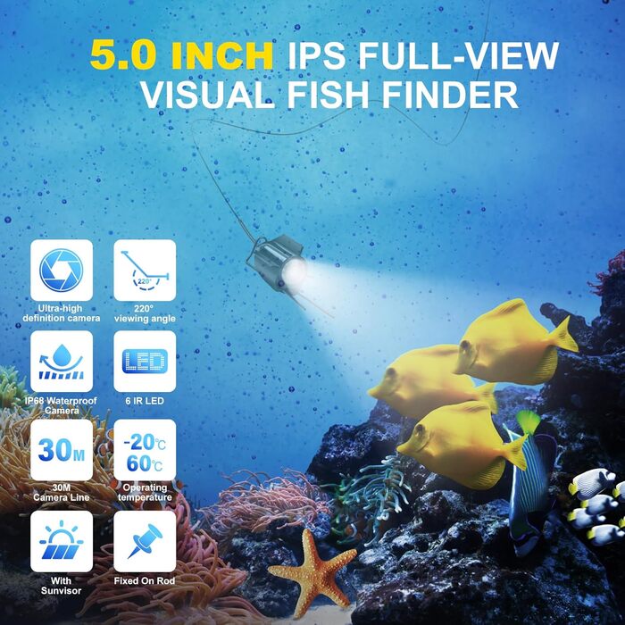 Підводна рибальська камера з ехолотом та IPS-дисплеєм, ширококутним інфрачервоним нічним баченням 220, водонепроникною підводною камерою IP65 для льоду та річок, 5 дюймів