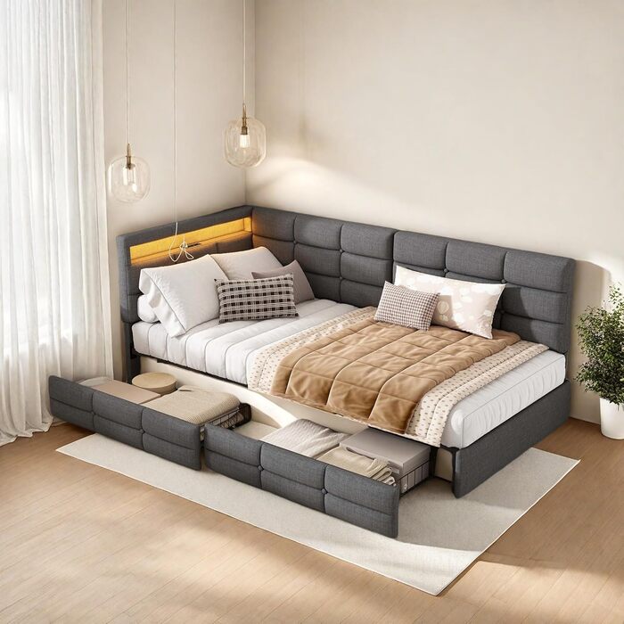 М&39яке ліжко 90x200 см, односпальне ліжко з місцем для зберігання речей, диван-ліжко з 2 шухлядами, кушетка зі світлодіодним підсвічуванням та USB, дитяче ліжко з рейковим каркасом, лляне, без матраца (сірий, 90 x 200 см) Сірий 90 x 200 см