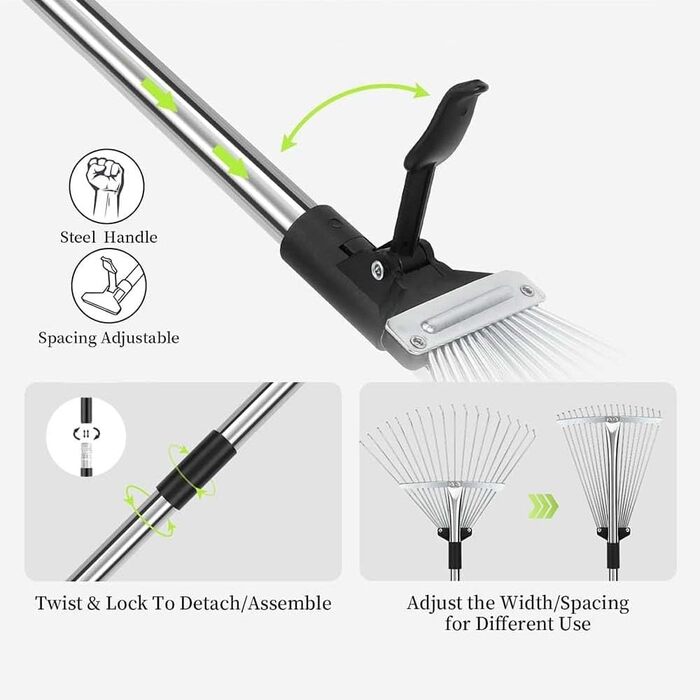 Розширений садовий граблі-віяло 22-44 см з регульованою металевою ручкою 2.15 м та рукавичками, граблі для листя, металеві граблі-віяло, граблі для прибирання листя, трави та двору