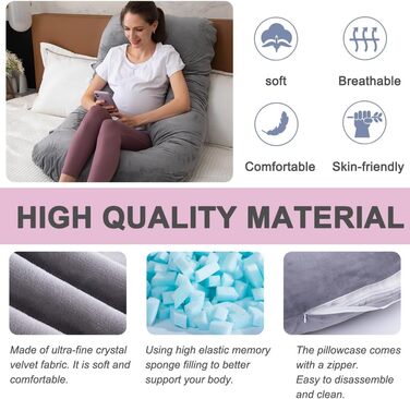 Подушка для вагітних з подрібненого пінного матеріалу з ефектом пам&39яті для сну, подушка для вагітних, підтримка живота, U-подібна форма на все тіло (пінний матеріал з ефектом пам&39яті, сірий) Сірий пінний матеріал з ефектом пам&39яті