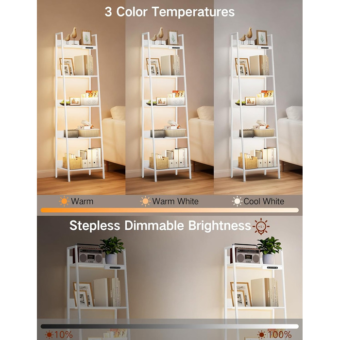 Ярусна вузька полиця-драбина зі світлодіодним підсвічуванням, сенсорним керуванням та дистанційним керуванням, 3 колірні температури, висока окремостояча полиця з регульованою яскравістю, виготовлена з металу та дерева для вітальні, спальні, офісу, біла, 